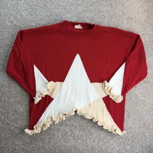 BiBi Sweater Womens Medium Red Star Ruffle Hem Acrylic Knit Crew Neck Pullover
